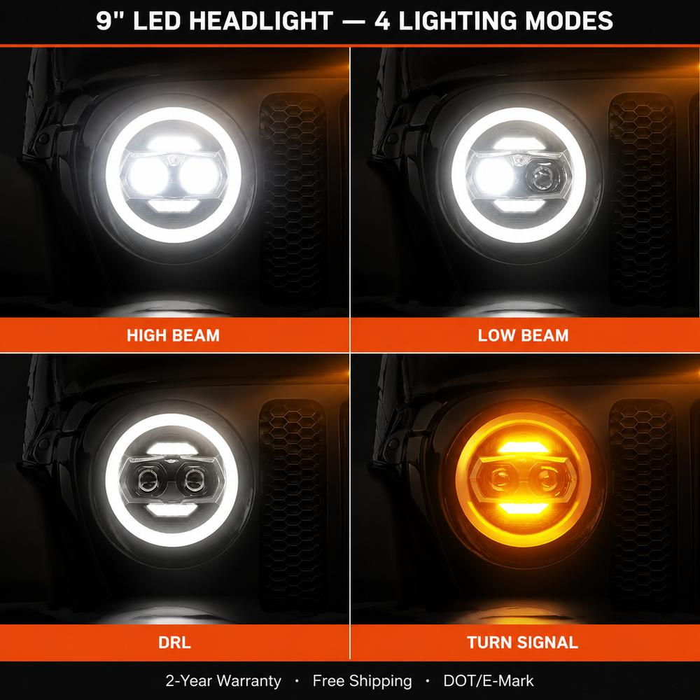 Four lighting modes grid of jeep gladiator headlights: high beam, low beam, white DRL daytime running light, and amber turn signal display