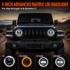 Black Jeep Wrangler front view with jeep gladiator headlights installed in off-road desert scene, four lighting mode grid overlay showing DRL turn signal low high beam