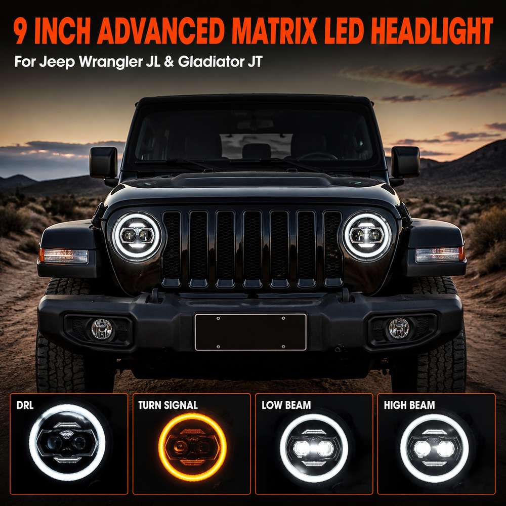 Black Jeep Wrangler front view with jeep gladiator headlights installed in off-road desert scene, four lighting mode grid overlay showing DRL turn signal low high beam