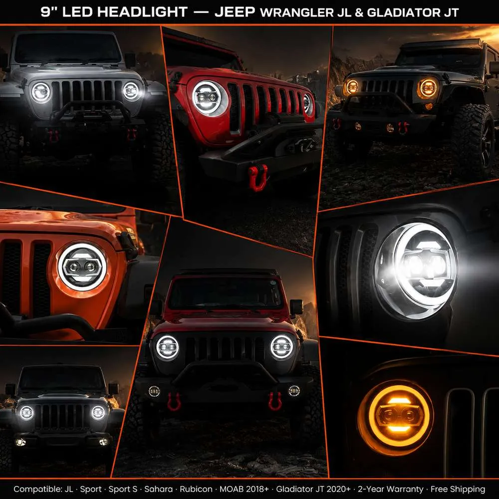 Close-up detail shot of jeep gladiator headlights dual projector matrix lens and housing design showing premium build quality.
