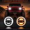 Pair of 9-inch jeep gladiator headlights showing white DRL mode left and amber turn signal right on clean white background