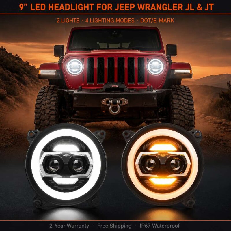 Pair of 9-inch jeep gladiator headlights showing white DRL mode left and amber turn signal right on clean white background