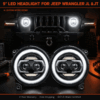 Animated demonstration of jeep gladiator headlights white DRL halo ring illumination on dark background with Jeep grille, 4 lighting modes mentioned