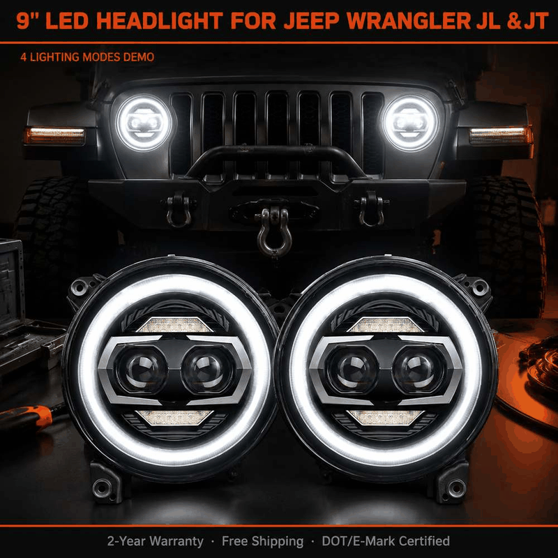 Animated demonstration of jeep gladiator headlights white DRL halo ring illumination on dark background with Jeep grille, 4 lighting modes mentioned
