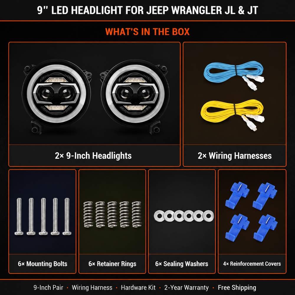 45-degree angle front view of jeep gladiator headlights showing dual projector lens design and halo ring structure