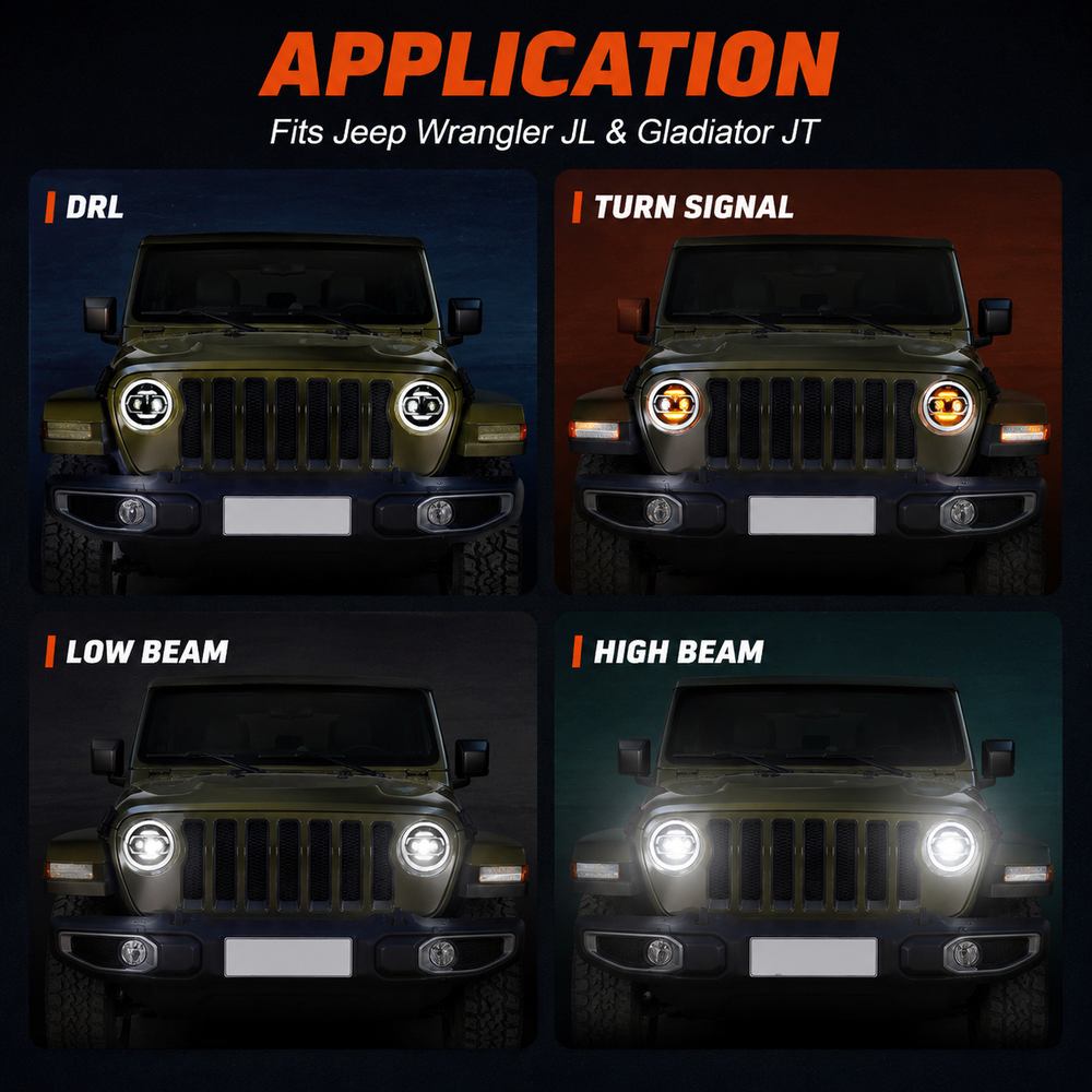 Hero product shot of jeep gladiator headlights pair with bright white DRL halo rings illuminated on clean studio background