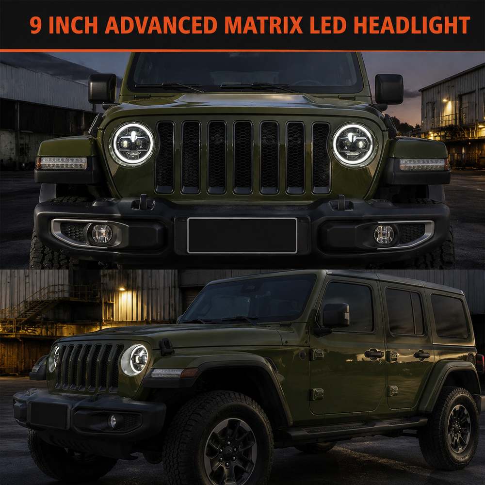 jeep gladiator headlights in high beam mode delivering maximum 16000 lumen brightness from dual projector lenses