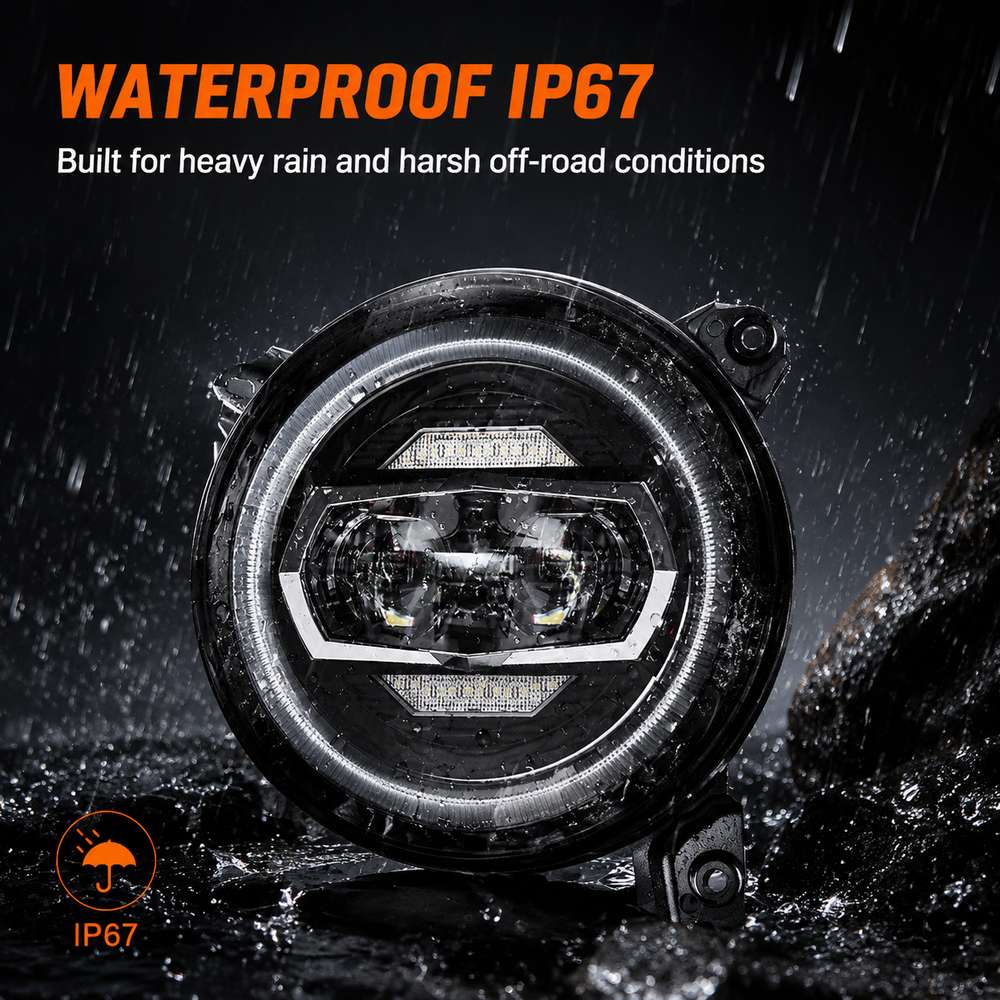 Installation workspace setup showing jeep gladiator headlights with tools and workspace ready for plug and play upgrade on Jeep Wrangler