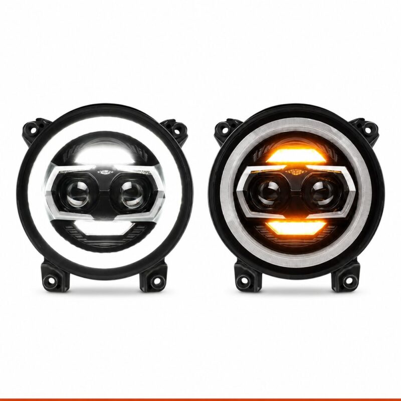 jeep gladiator headlights installed on red Jeep Wrangler JL in desert off-road sunset scene, dual lighting modes displayed with product specs overlay