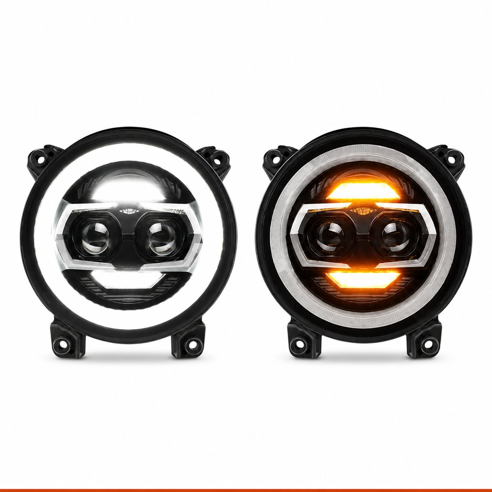 jeep gladiator headlights installed on red Jeep Wrangler JL in desert off-road sunset scene, dual lighting modes displayed with product specs overlay