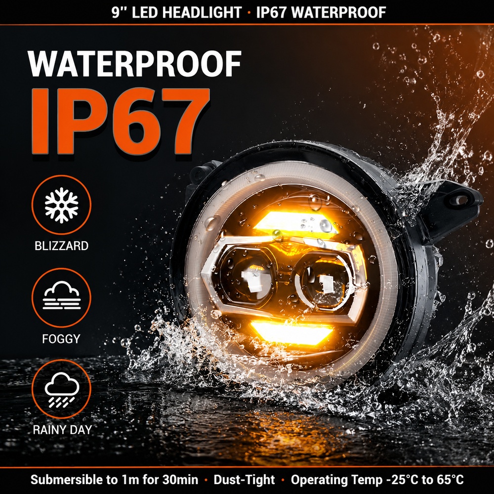IP67 waterproof test of jeep gladiator headlights with water splashing against amber illuminated headlight, submersible to 1 meter certified