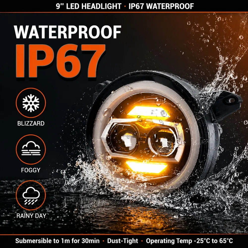 IP67 waterproof test of jeep gladiator headlights with water splashing against amber illuminated headlight, submersible to 1 meter certified.
