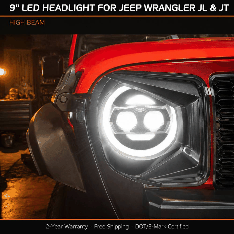 Animated mode transition demo for jeep gladiator headlights showing dynamic switching between DRL, turn signal, low beam and high beam lighting modes