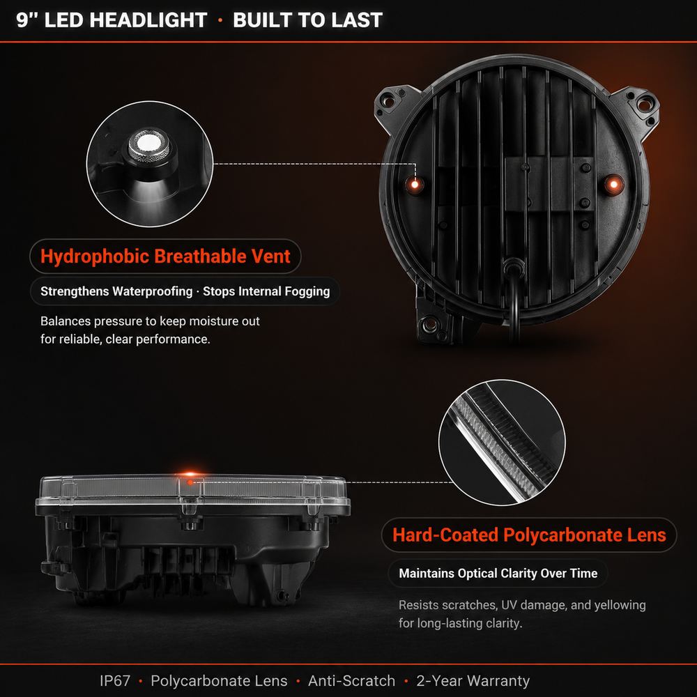 PMMA plus PC lens material close-up of jeep gladiator headlights demonstrating durable scratch-resistant polycarbonate construction