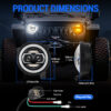 Product dimensions diagram of jeep gladiator headlights showing 229mm diameter, wiring layout with high beam, low beam, DRL and turn signal connections, plug and play badge