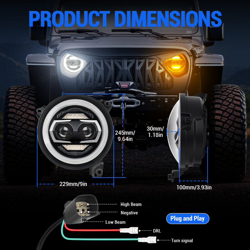 Product dimensions diagram of jeep gladiator headlights showing 229mm diameter, wiring layout with high beam, low beam, DRL and turn signal connections, plug and play badge