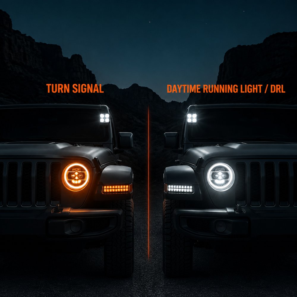 Split screen comparison of jeep gladiator headlights: left side amber turn signal activated, right side white DRL daytime running light mode at night