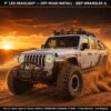 White Jeep Gladiator JT with jeep gladiator headlights installed kicking up dust in desert off-road action shot at golden hour sunset