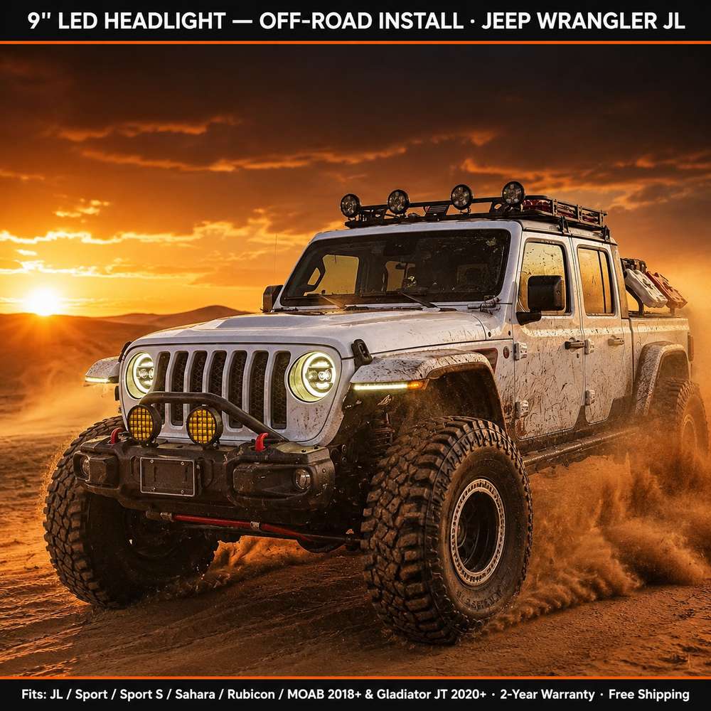 White Jeep Gladiator JT with jeep gladiator headlights installed kicking up dust in desert off-road action shot at golden hour sunset
