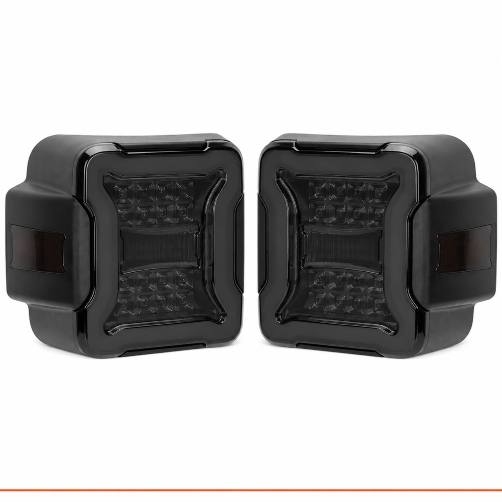 Rear back view of pair jeep led tail lights showing black ABS housing shell and mounting tab design without lens