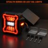 Single Stealth Series 3D LED tail light unit displayed with complete mounting hardware kit including brackets screws and clips on dark surface