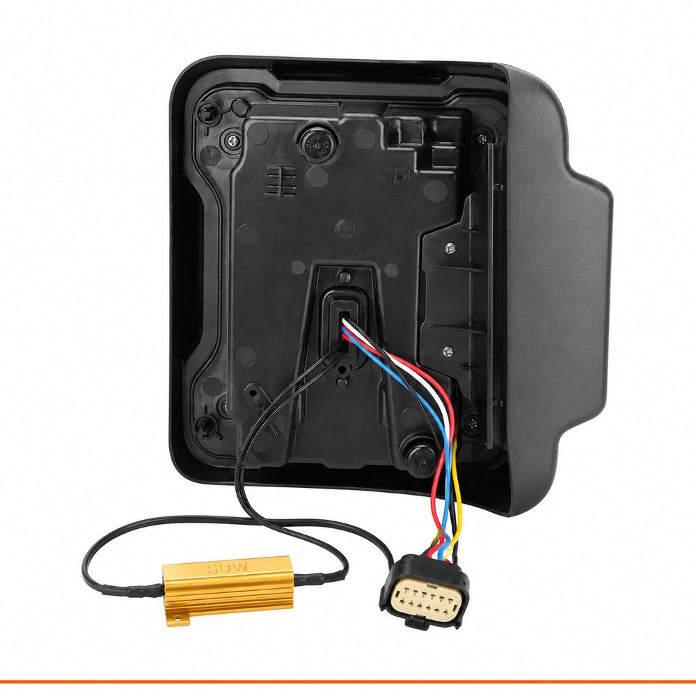 Back side view of jeep tail light showing complete wiring harness with red blue yellow black wires golden load resistor and factory connector labeled L