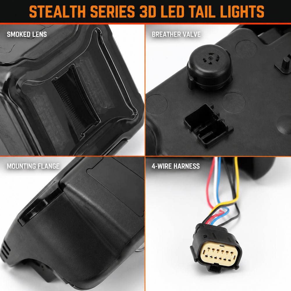 Construction detail panels of jeep tail lights showing matte black housing texture remove breather cap and factory wiring connector plug