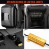 Four panel detail view of jeep tail lights showing housing texture clear LED lens breather cap and golden 50W 6Ω CANBUS load resistor