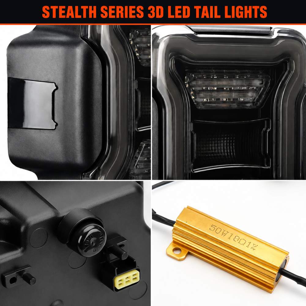 Four panel detail view of jeep tail lights showing housing texture clear LED lens breather cap and golden 50W 6Ω CANBUS load resistor