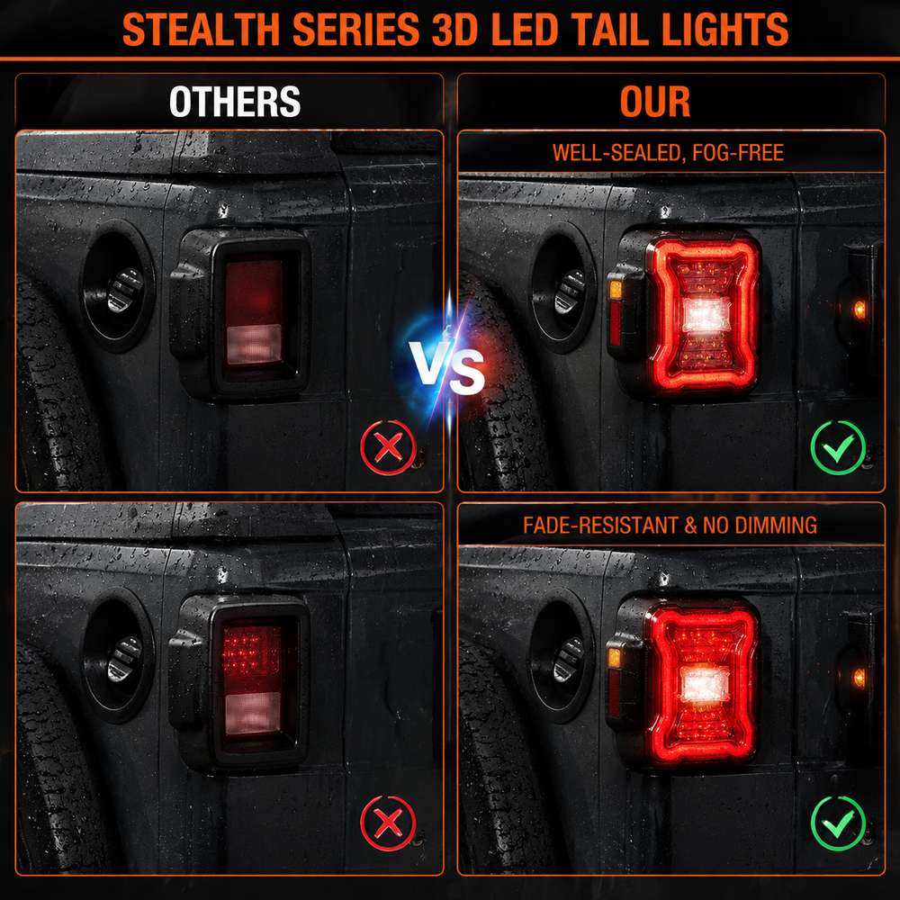 Quality comparison of jeep tail lights showing well-sealed fog-free and fade-resistant advantages versus competitor products with X marks