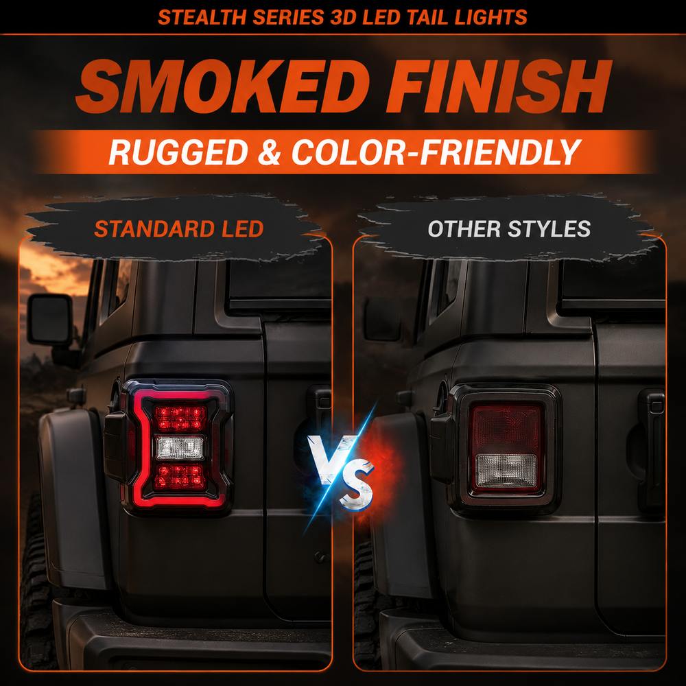 Smoked lens finish comparison of jeep led tail lights showing rugged color-friendly appearance versus other styles on black Jeep Wrangler