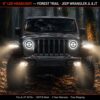 Dark Jeep Wrangler JL with jeep gladiator headlights fully illuminated driving through wet forest trail at night with fog lights on