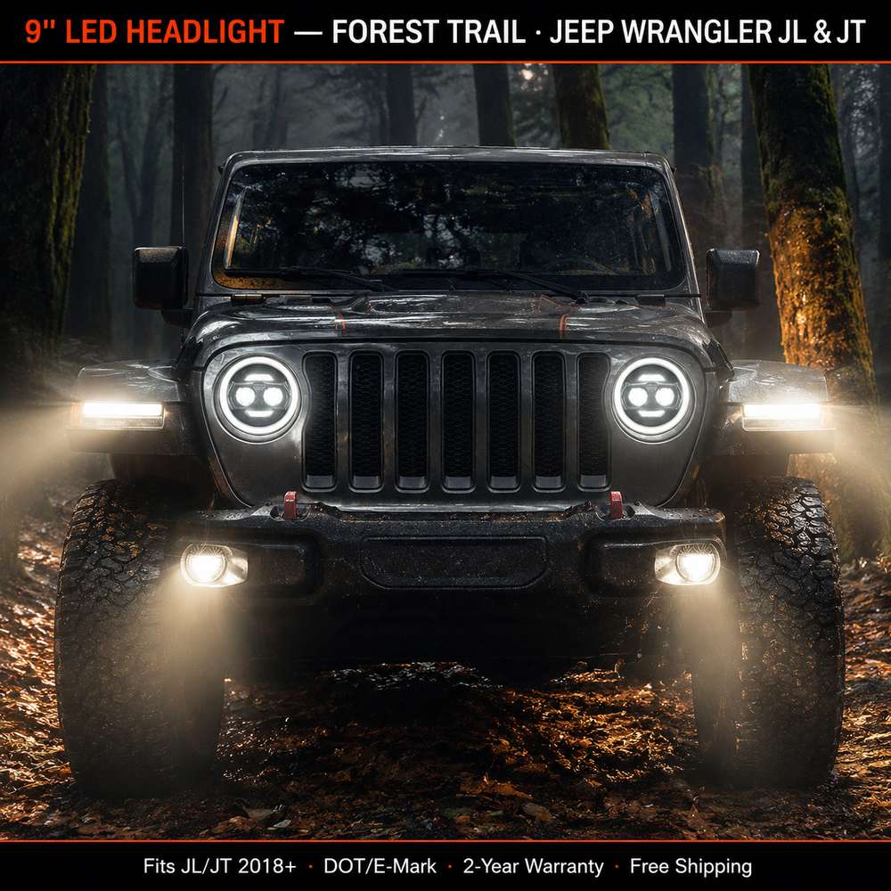 Dark Jeep Wrangler JL with jeep gladiator headlights fully illuminated driving through wet forest trail at night with fog lights on
