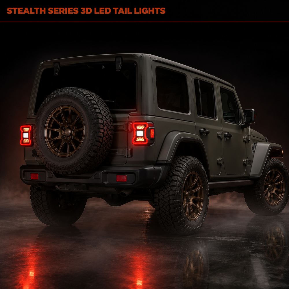 Black Jeep Wrangler JL with Stealth Series 3D LED tail lights installed in dramatic studio setting showing red illuminated rear lighting
