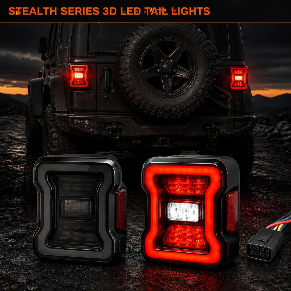 Pair of Stealth Series 3D LED tail lights for Jeep Wrangler showing red illuminated halo ring and internal LED matrix on dark branded background