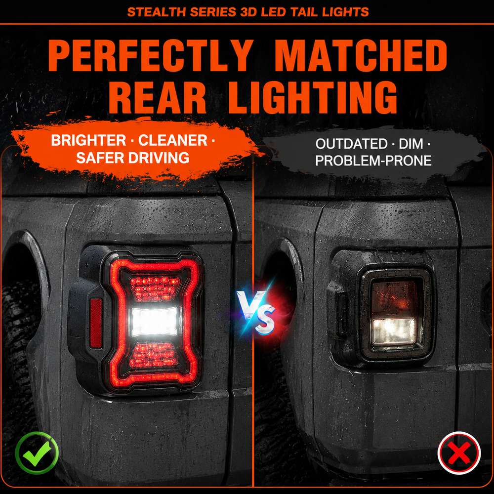 Reverse light comparison showing perfectly matched bright clean rear lighting of jeep wrangler led tail lights versus outdated dim competitor output