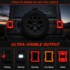 Five lighting modes demonstration of jeep wrangler led tail lights showing parking amber reverse white running red DRL turn signal and brake functions on black Jeep