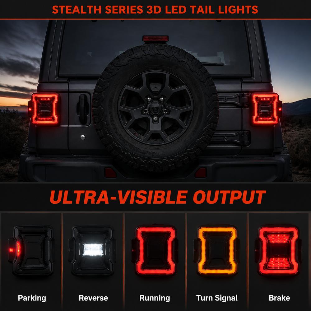 Five lighting modes demonstration of jeep wrangler led tail lights showing parking amber reverse white running red DRL turn signal and brake functions on black Jeep