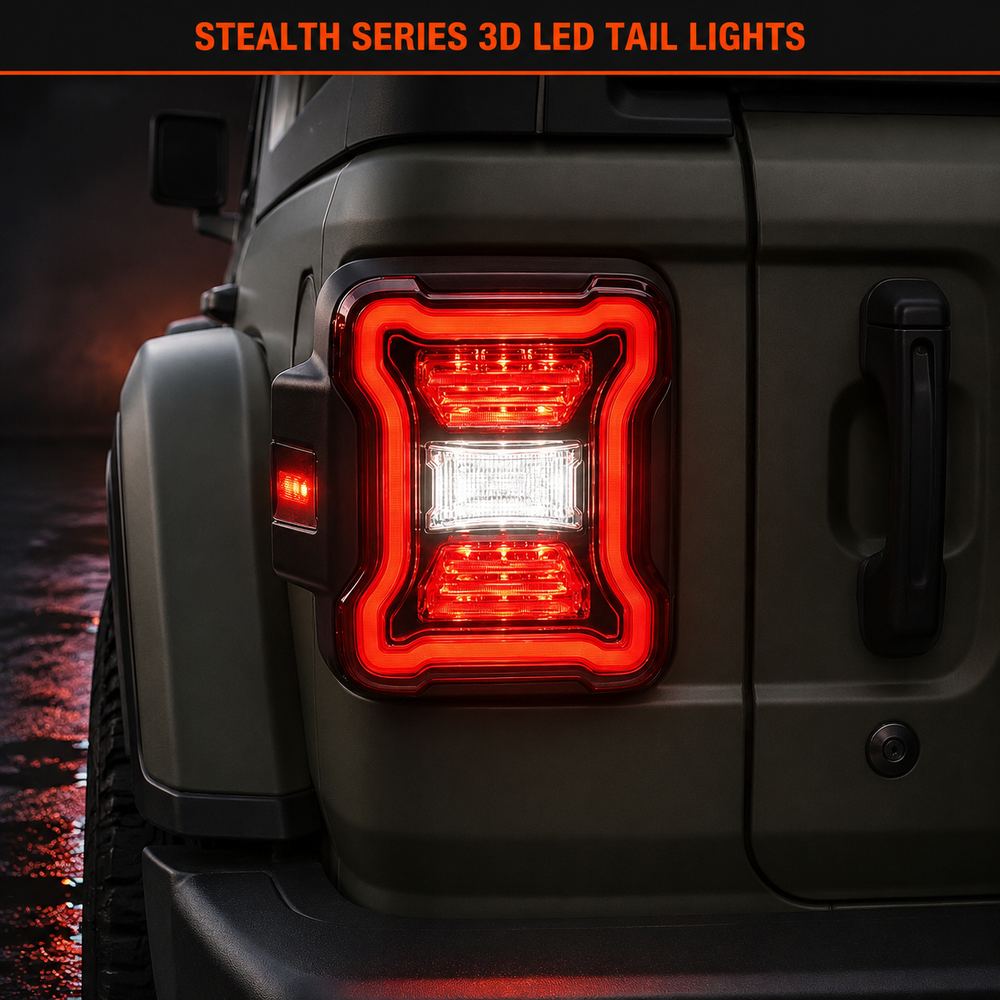 Close-up dramatic shot of jeep wrangler led tail lights installed on vehicle showing 3D red halo ring and white reverse light with wet ground reflection