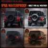 IP68 waterproof test of jeep wrangler led tail lights in four weather conditions rainy snowy foggy windy showing reliable all-weather performance
