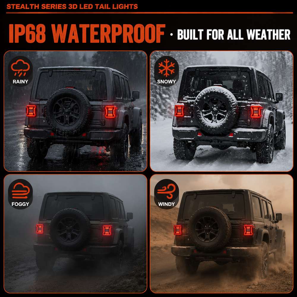 IP68 waterproof test of jeep wrangler led tail lights in four weather conditions rainy snowy foggy windy showing reliable all-weather performance