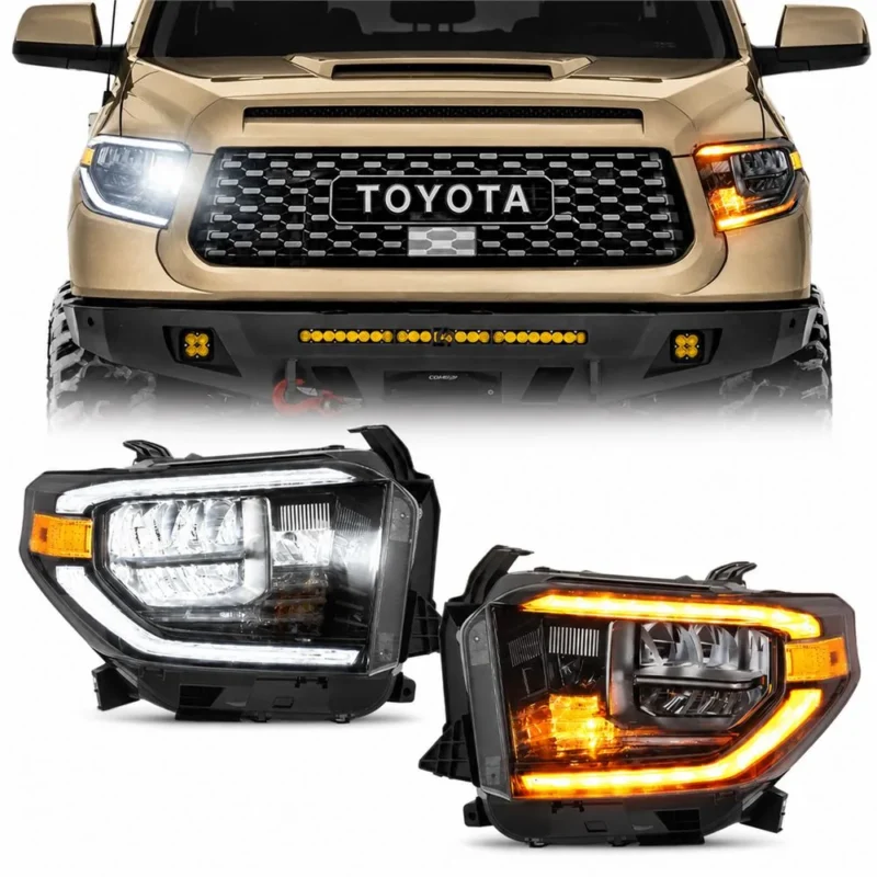 Front view of a Toyota Tundra with one white LED headlight and one amber sequential signal above the matching headlight pair
