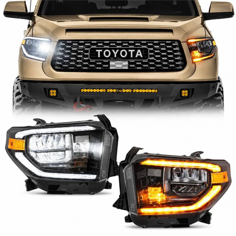 Front view of a Toyota Tundra with one white LED headlight and one amber sequential signal above the matching headlight pair