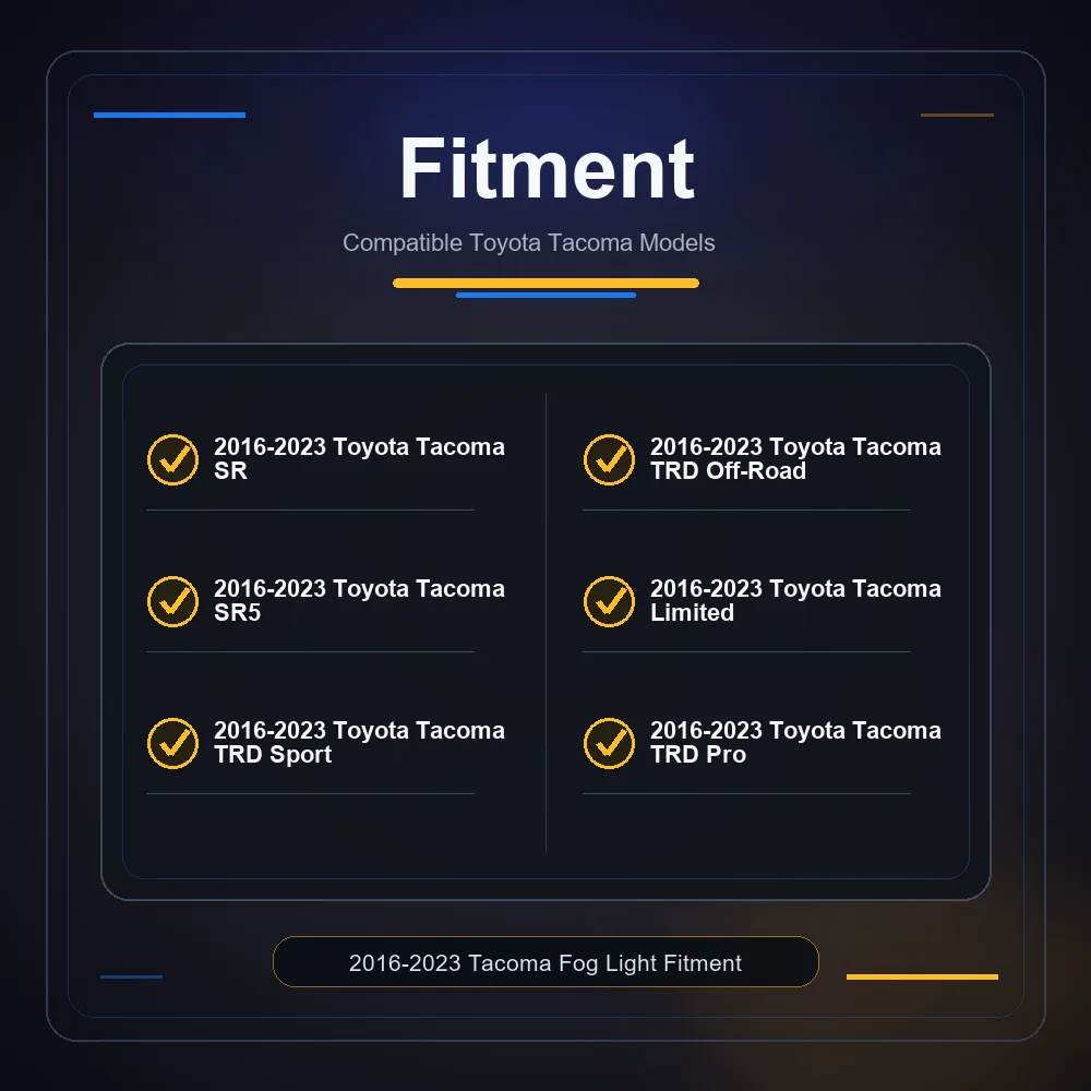 Fitment chart listing 2016-2023 Toyota Tacoma SR SR5 TRD Sport TRD Off-Road Limited and TRD Pro models