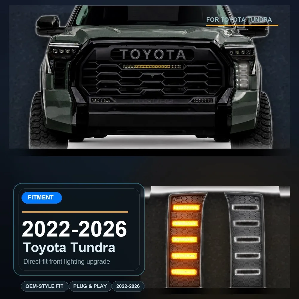2022-2026 Toyota Tundra fitment graphic showing white and amber illuminated vent panels beside the headlights
