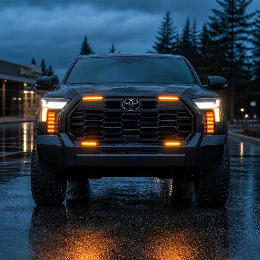 Front view of a Toyota Tundra on a wet road with amber vent panels grille accent lights and lower bumper lights illuminated