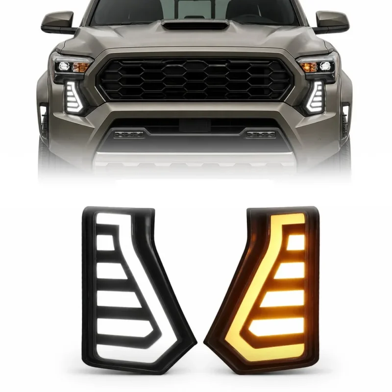 2024-2026 Toyota Tacoma fang lights pair showing white DRL and amber turn signal modes below the installed front view