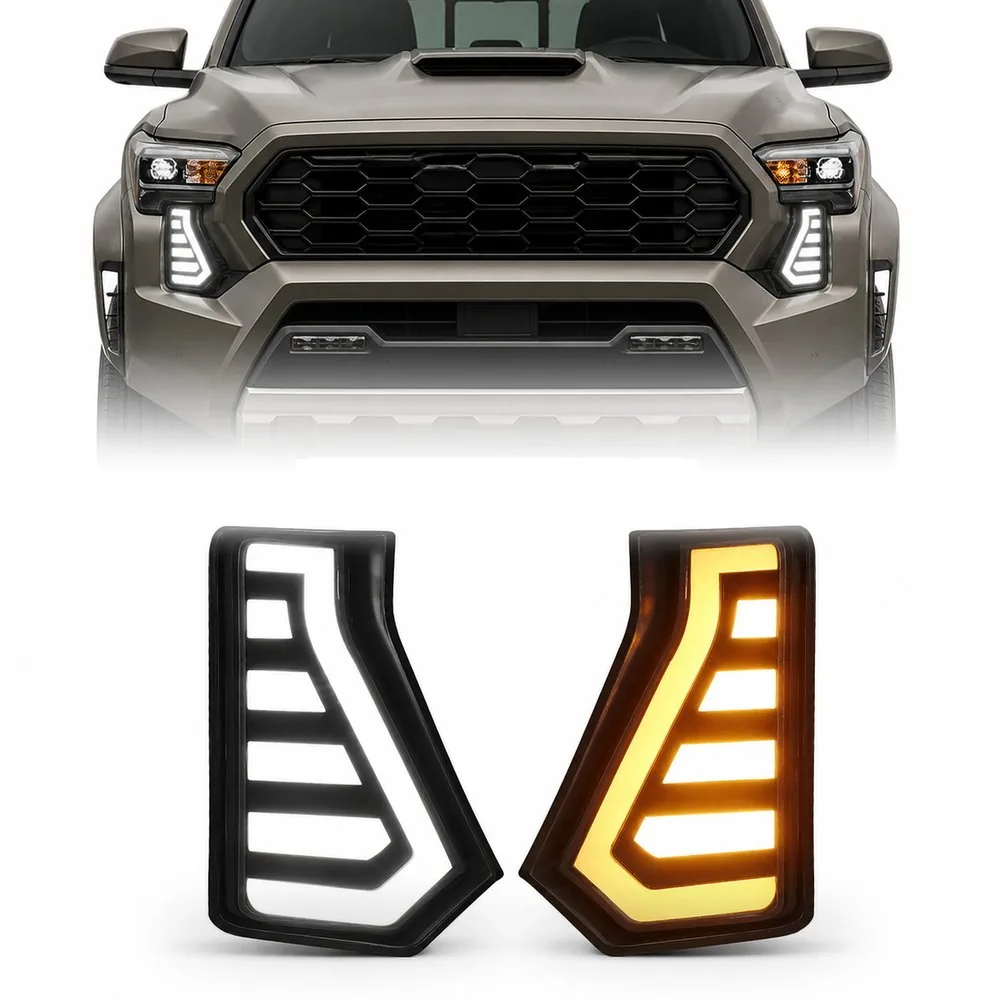2024-2026 Toyota Tacoma fang lights pair showing white DRL and amber turn signal modes below the installed front view