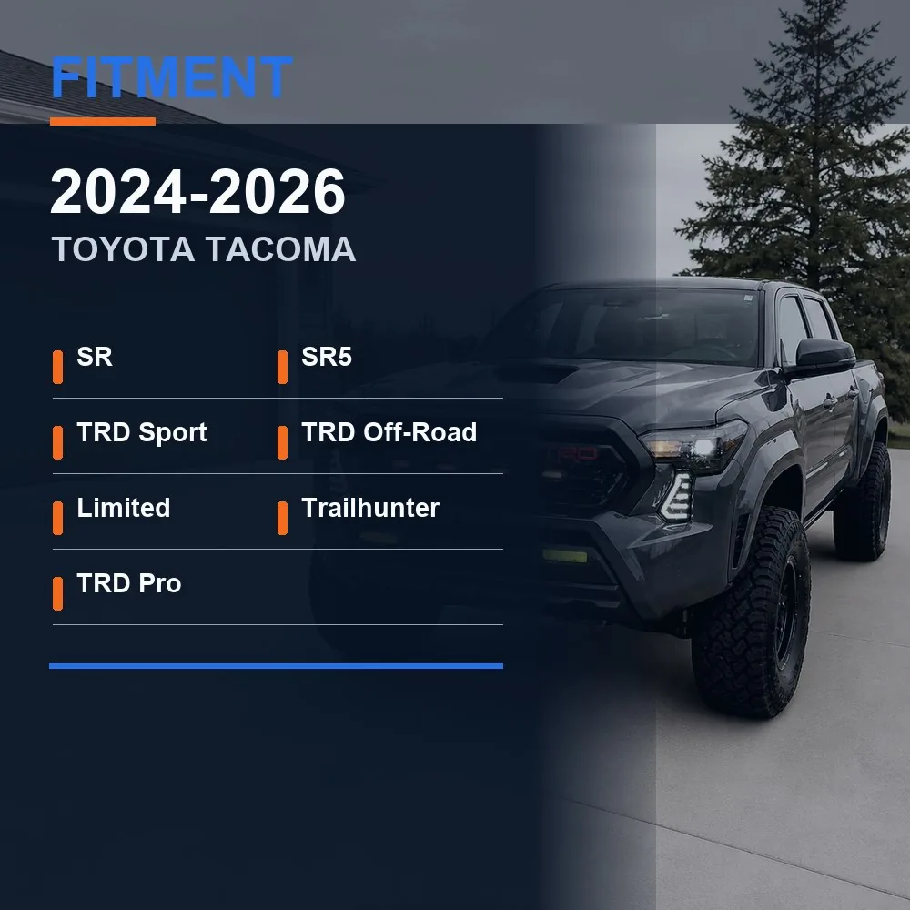 Fitment chart for 2024-2026 Toyota Tacoma fang lights listing SR SR5 TRD Sport TRD Off-Road Limited Trailhunter and TRD Pro trims