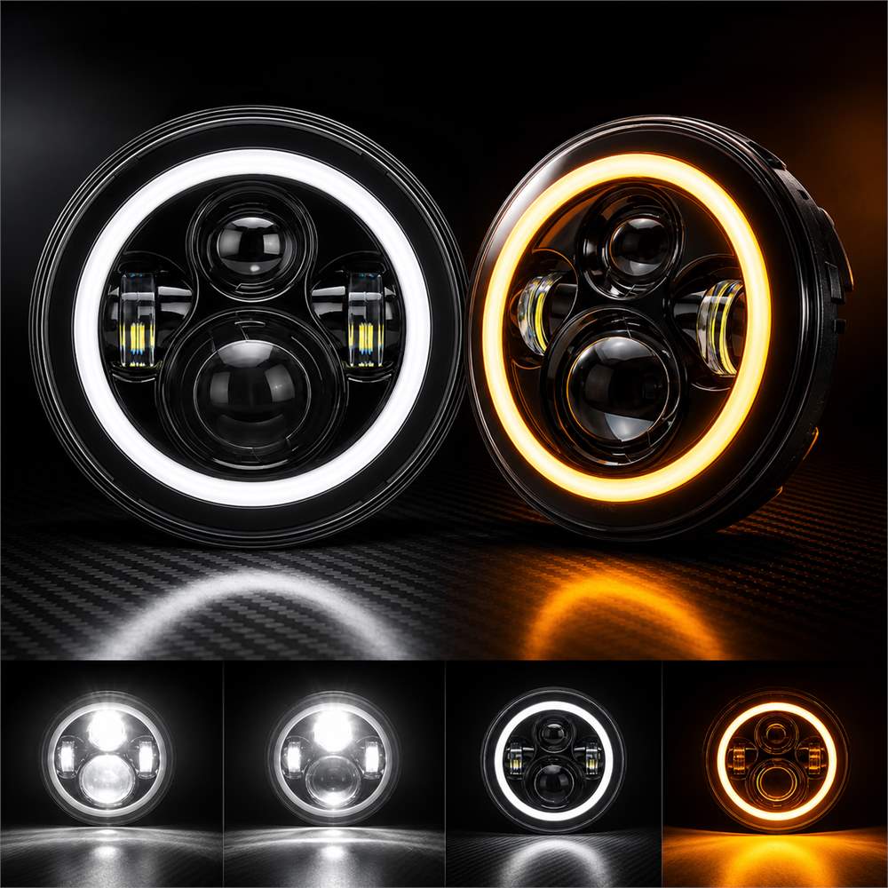 7 inch jeep halo headlights multi-mode display showing high low beam DRL and amber turn signal